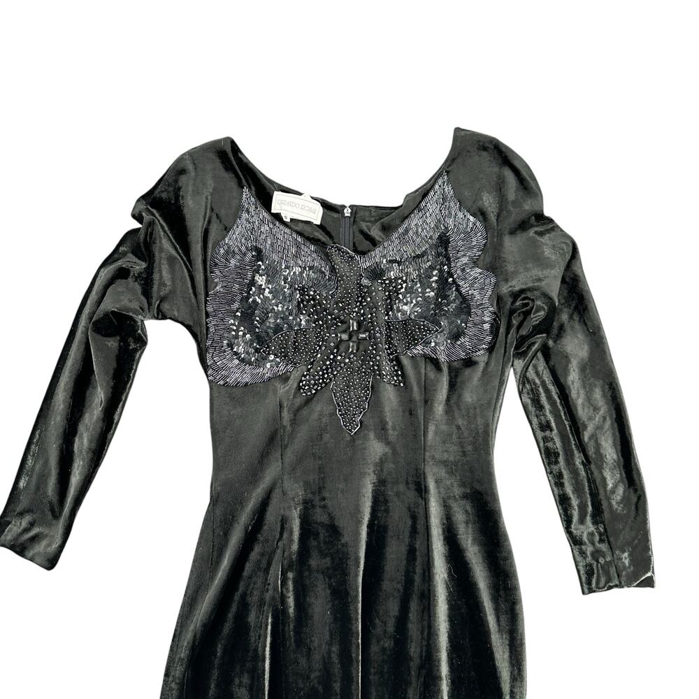 Orlando Rossi Vintage Black Velvet Midi Dress Beaded Sculpted Neck Small 90s - Picture 4 of 7
